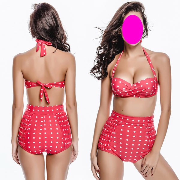 Halter High Waist Two Piece Women Black Red Polka Dot Vintage Bikini Swimsuit