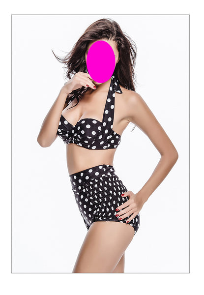 Halter High Waist Two Piece Women Black Red Polka Dot Vintage Bikini Swimsuit