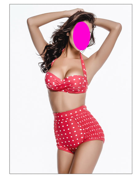 Halter High Waist Two Piece Women Black Red Polka Dot Vintage Bikini Swimsuit