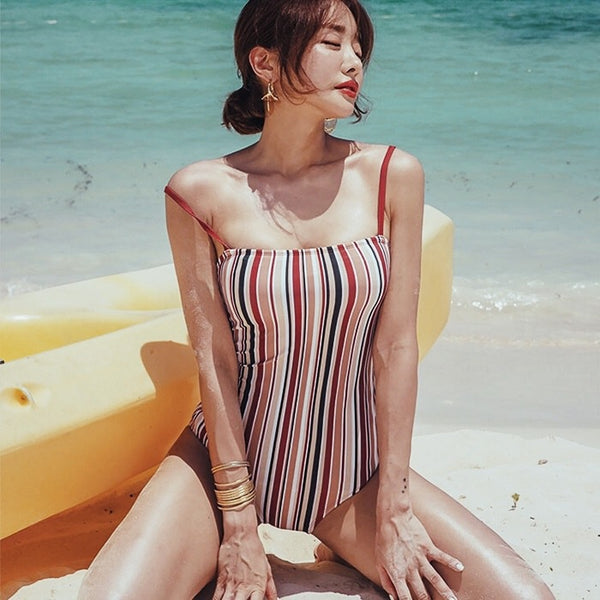 Vintage Retro Skinny Women One Piece Striped colorful Sexy Sling Strap Swimwear
