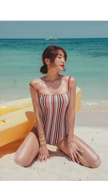 Vintage Retro Skinny Women One Piece Striped colorful Sexy Sling Strap Swimwear