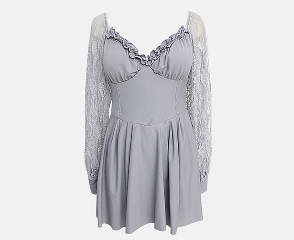 Retro Vintage One Piece Swimwear Lace Puff Long Sleeves Hot Spring Pleated Swimsuit