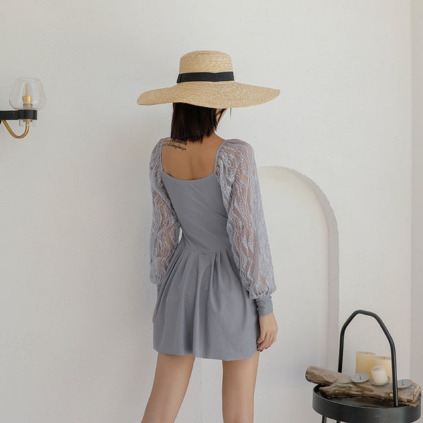 Retro Vintage One Piece Swimwear Lace Puff Long Sleeves Hot Spring Pleated Swimsuit