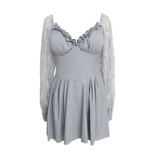 Retro Vintage One Piece Swimwear Lace Puff Long Sleeves Hot Spring Pleated Swimsuit
