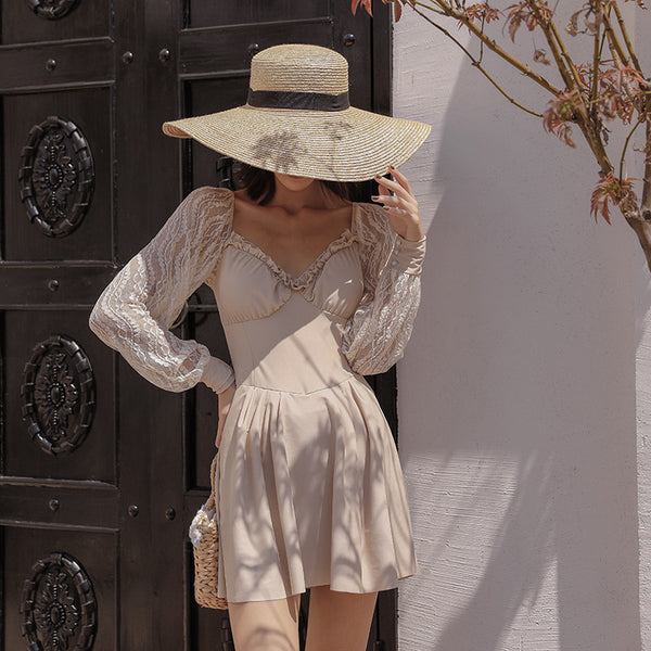 Retro Vintage One Piece Swimwear Lace Puff Long Sleeves Hot Spring Pleated Swimsuit