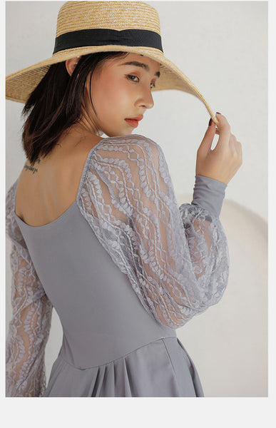 Retro Vintage One Piece Swimwear Lace Puff Long Sleeves Hot Spring Pleated Swimsuit