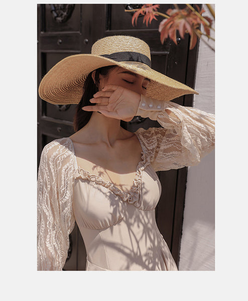 Retro Vintage One Piece Swimwear Lace Puff Long Sleeves Hot Spring Pleated Swimsuit