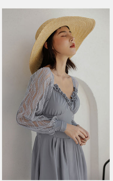 Retro Vintage One Piece Swimwear Lace Puff Long Sleeves Hot Spring Pleated Swimsuit
