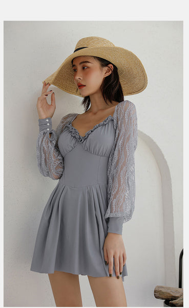 Retro Vintage One Piece Swimwear Lace Puff Long Sleeves Hot Spring Pleated Swimsuit