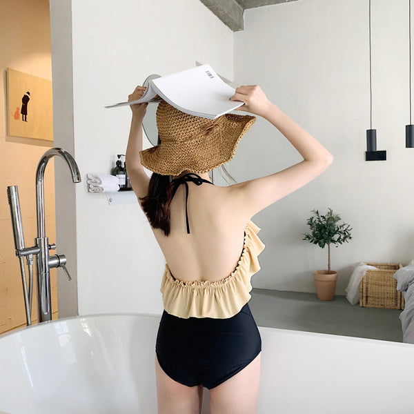 Beautiful Cheerful Sweet Women Backless Lotus Leaf Halter One Piece Swim Suit