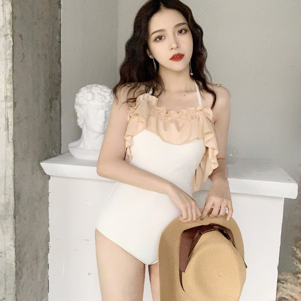 Beautiful Cheerful Sweet Women Backless Lotus Leaf Halter One Piece Swim Suit