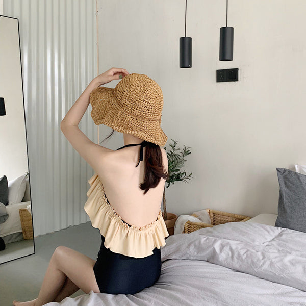Beautiful Cheerful Sweet Women Backless Lotus Leaf Halter One Piece Swim Suit