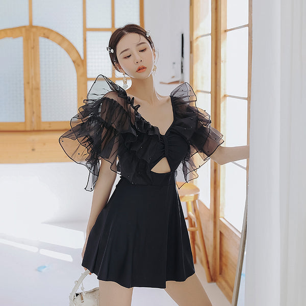 Fairy Sweet Special Sexy Backless High Waist Skirt One Piece Ruffle Shoulder Swimsuit