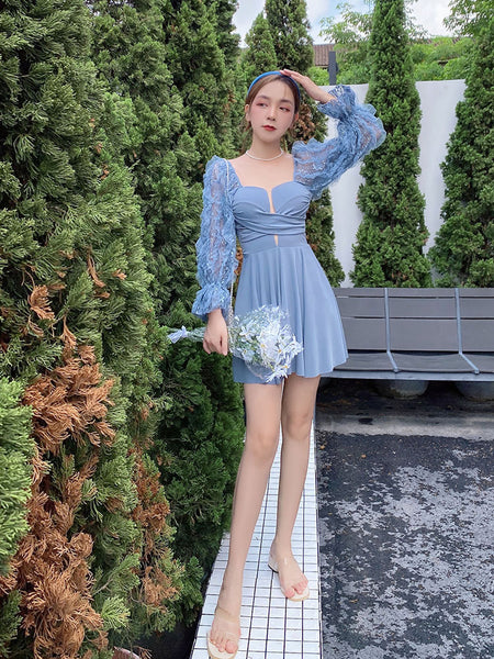 Swimsuit Women One Piece Pleated Long Sleeved Square Neck Skirt comfortable Popular Swimwear