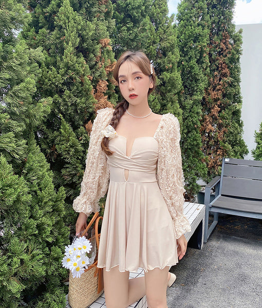 Swimsuit Women One Piece Pleated Long Sleeved Square Neck Skirt comfortable Popular Swimwear