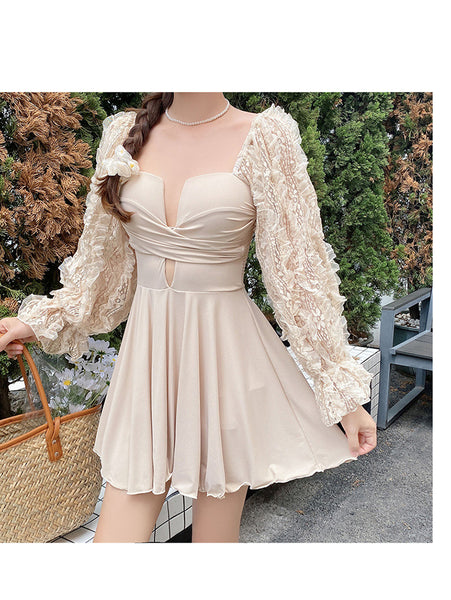 Swimsuit Women One Piece Pleated Long Sleeved Square Neck Skirt comfortable Popular Swimwear