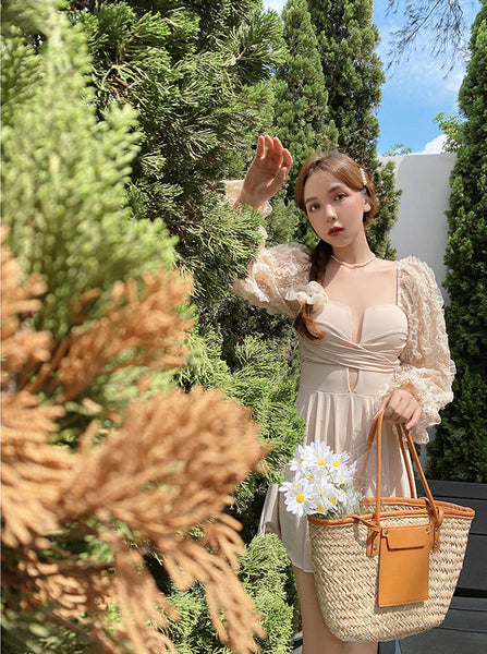 Swimsuit Women One Piece Pleated Long Sleeved Square Neck Skirt comfortable Popular Swimwear