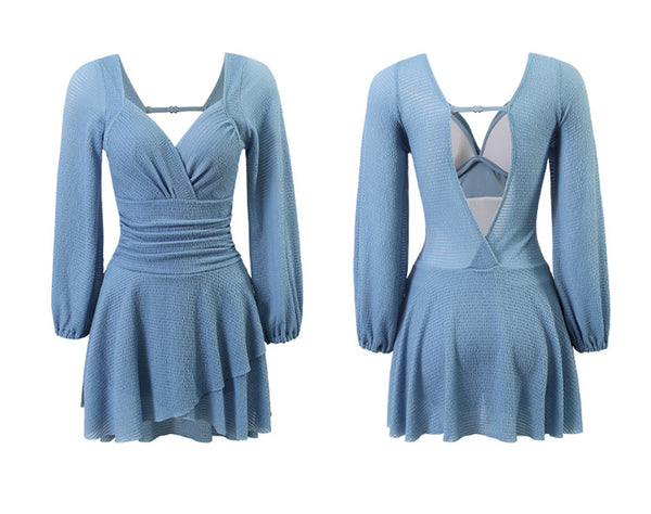 Temperament Women One Piece Fairy Wrinkled Sexy V Neck High Waist Pleated Swimsuit