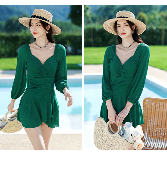 Temperament Women One Piece Fairy Wrinkled Sexy V Neck High Waist Pleated Swimsuit