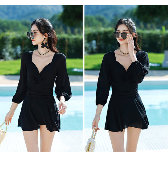 Temperament Women One Piece Fairy Wrinkled Sexy V Neck High Waist Pleated Swimsuit
