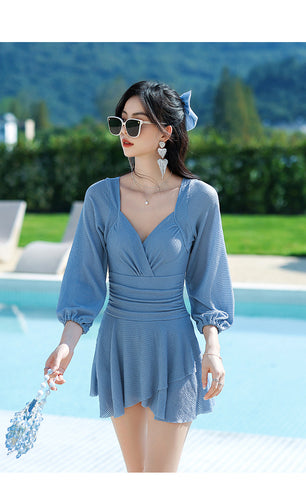 Temperament Women One Piece Fairy Wrinkled Sexy V Neck High Waist Pleated Swimsuit