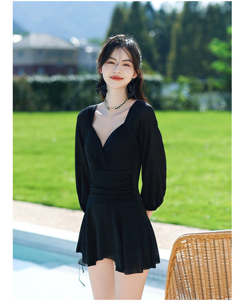 Temperament Women One Piece Fairy Wrinkled Sexy V Neck High Waist Pleated Swimsuit