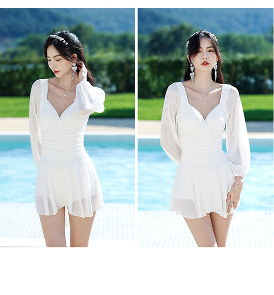 Temperament Women One Piece Fairy Wrinkled Sexy V Neck High Waist Pleated Swimsuit