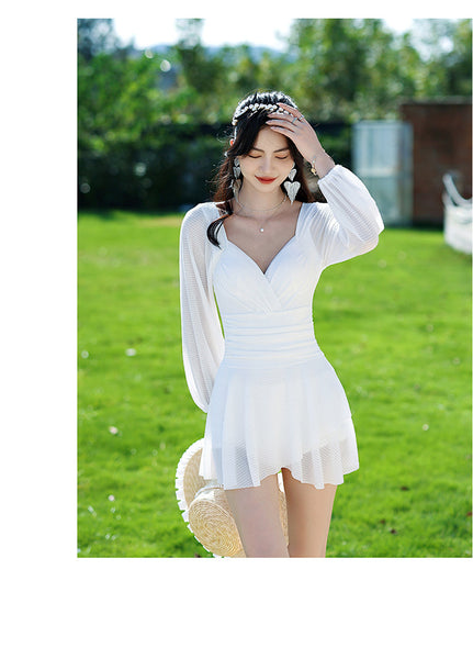Temperament Women One Piece Fairy Wrinkled Sexy V Neck High Waist Pleated Swimsuit