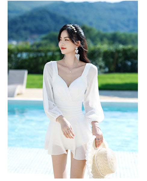 Temperament Women One Piece Fairy Wrinkled Sexy V Neck High Waist Pleated Swimsuit