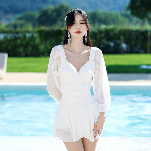 Temperament Women One Piece Fairy Wrinkled Sexy V Neck High Waist Pleated Swimsuit