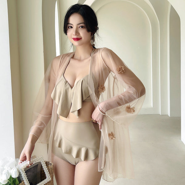 Temperament Elegant Beach High Waist Ruffle Halter Push Up Bra Swimsuit with Mesh Cover