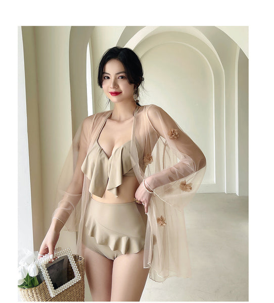 Temperament Elegant Beach High Waist Ruffle Halter Push Up Bra Swimsuit with Mesh Cover