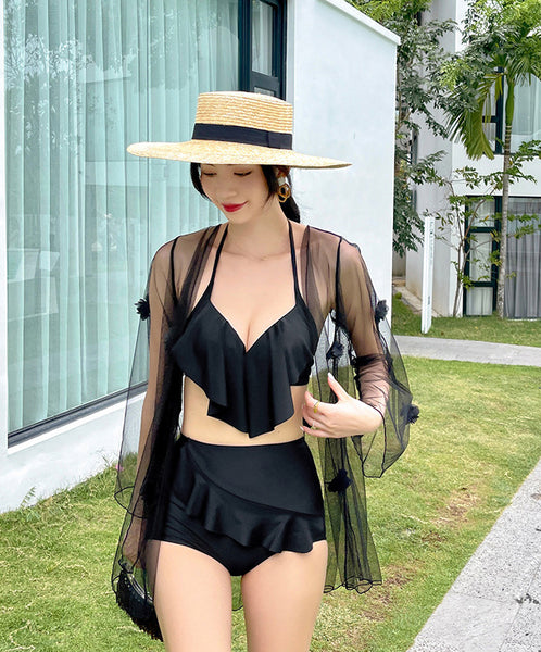 Temperament Elegant Beach High Waist Ruffle Halter Push Up Bra Swimsuit with Mesh Cover
