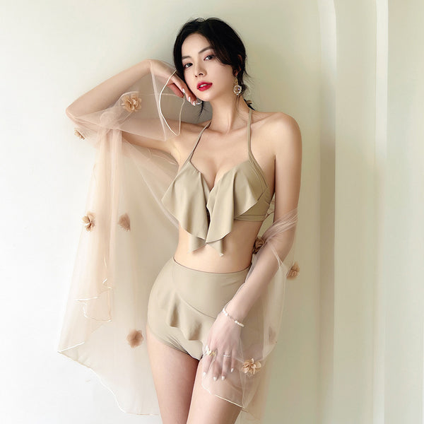 Temperament Elegant Beach High Waist Ruffle Halter Push Up Bra Swimsuit with Mesh Cover