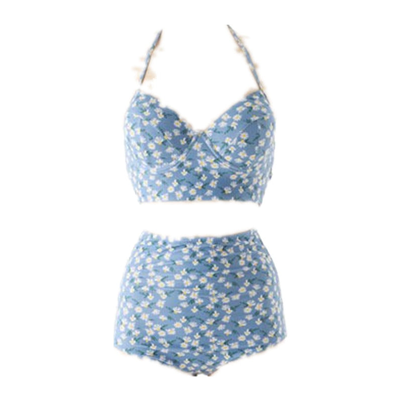 Retro Halter Blue High Waist Floral Two Pieces Women Swim Bikini Swimwear