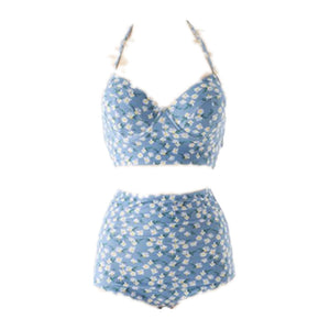 Retro Halter Blue High Waist Floral Two Pieces Women Swim Bikini Swimwear
