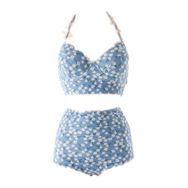 Retro Halter Blue High Waist Floral Two Pieces Women Swim Bikini Swimwear
