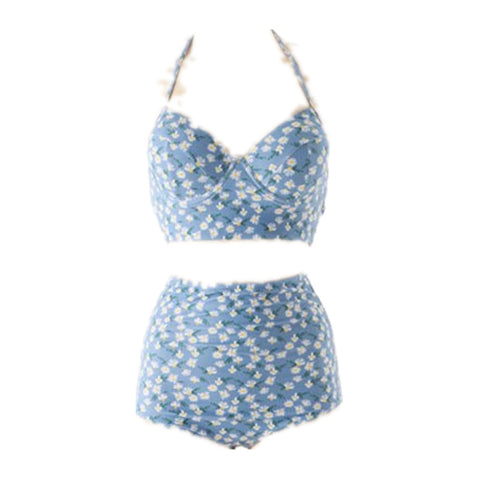 Retro Halter Blue High Waist Floral Two Pieces Women Swim Bikini Swimwear