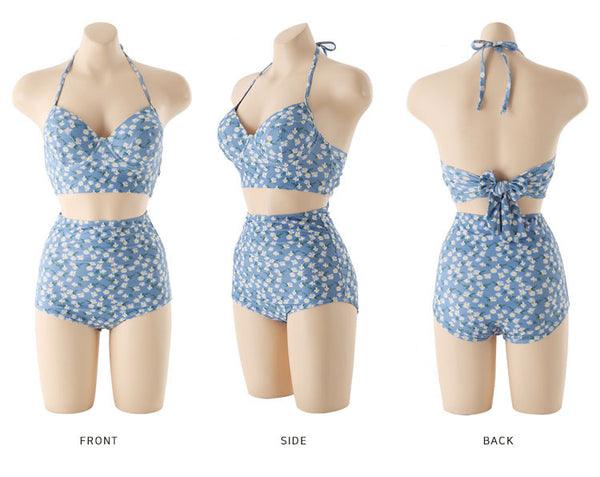 Retro Halter Blue High Waist Floral Two Pieces Women Swim Bikini Swimwear