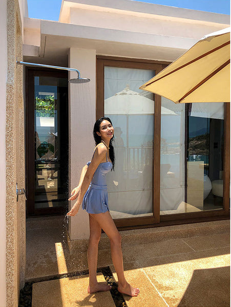 Two Pieces Blue Shoulder Strap Swimsuit Women Beach Swimwear High Waist Skirt