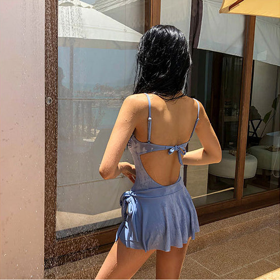 Two Pieces Blue Shoulder Strap Swimsuit Women Beach Swimwear High Waist Skirt