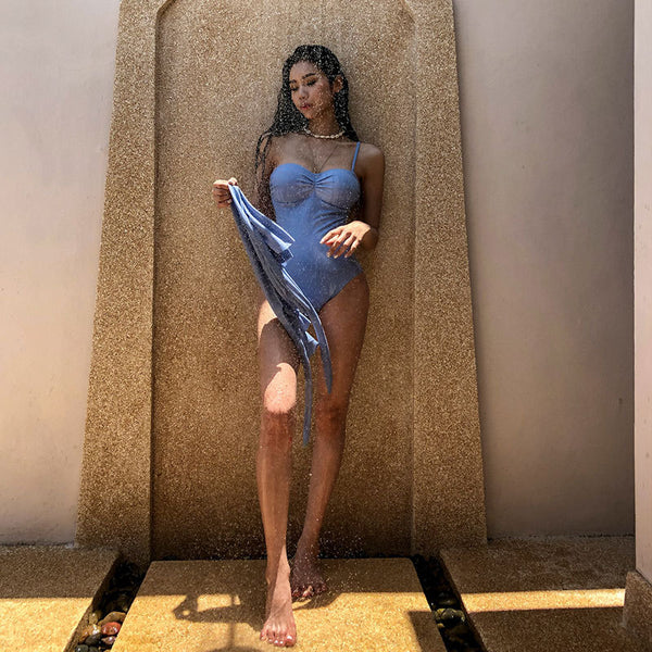 Two Pieces Blue Shoulder Strap Swimsuit Women Beach Swimwear High Waist Skirt