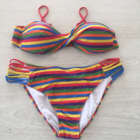 Multicolor Rainbow Swim Swimming Two Pieces Striped Sexy Push Up Multi Strap Bikini