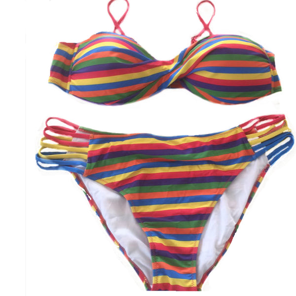 Multicolor Rainbow Swim Swimming Two Pieces Striped Sexy Push Up Multi Strap Bikini