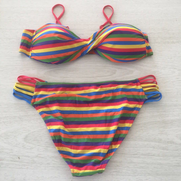Multicolor Rainbow Swim Swimming Two Pieces Striped Sexy Push Up Multi Strap Bikini