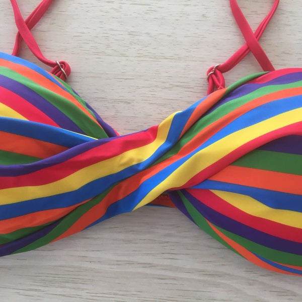 Multicolor Rainbow Swim Swimming Two Pieces Striped Sexy Push Up Multi Strap Bikini