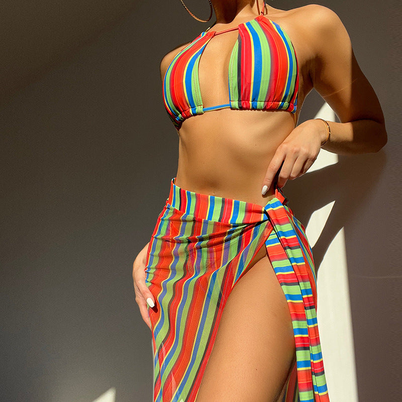 Multicolor Rainbow Beach Swimming Three Pieces Striped Sexy Push Up Multi Strap Bikini Skirt
