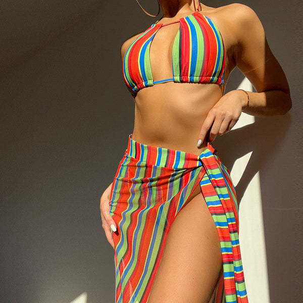 Multicolor Rainbow Beach Swimming Three Pieces Striped Sexy Push Up Multi Strap Bikini Skirt