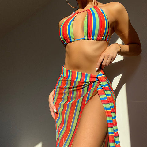 Multicolor Rainbow Beach Swimming Three Pieces Striped Sexy Push Up Multi Strap Bikini Skirt