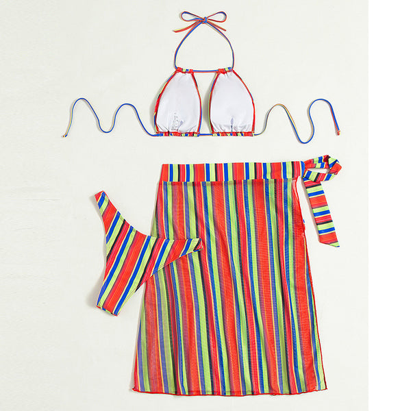 Multicolor Rainbow Beach Swimming Three Pieces Striped Sexy Push Up Multi Strap Bikini Skirt